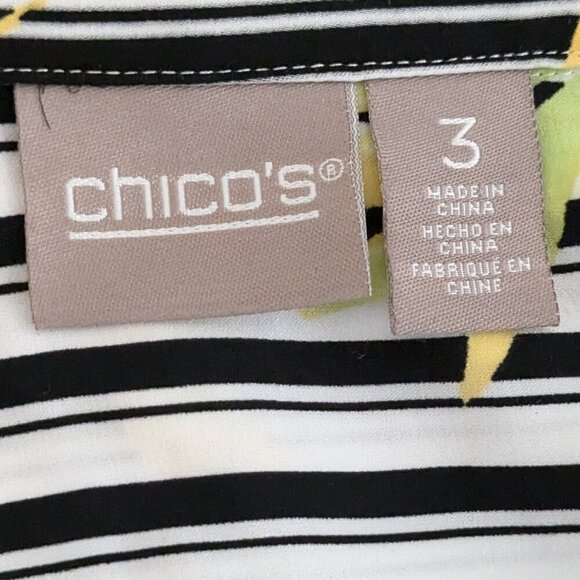 CHICO'S Black/White Stripe & Floral Long Sleeve Satin Button Blouse; Size 16/18 - Picture 3 of 5